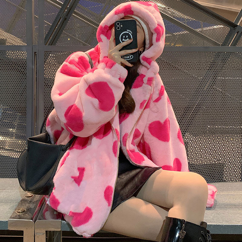 Bear Teddy Print Plush Jacket Fluffy Hood Outerwear