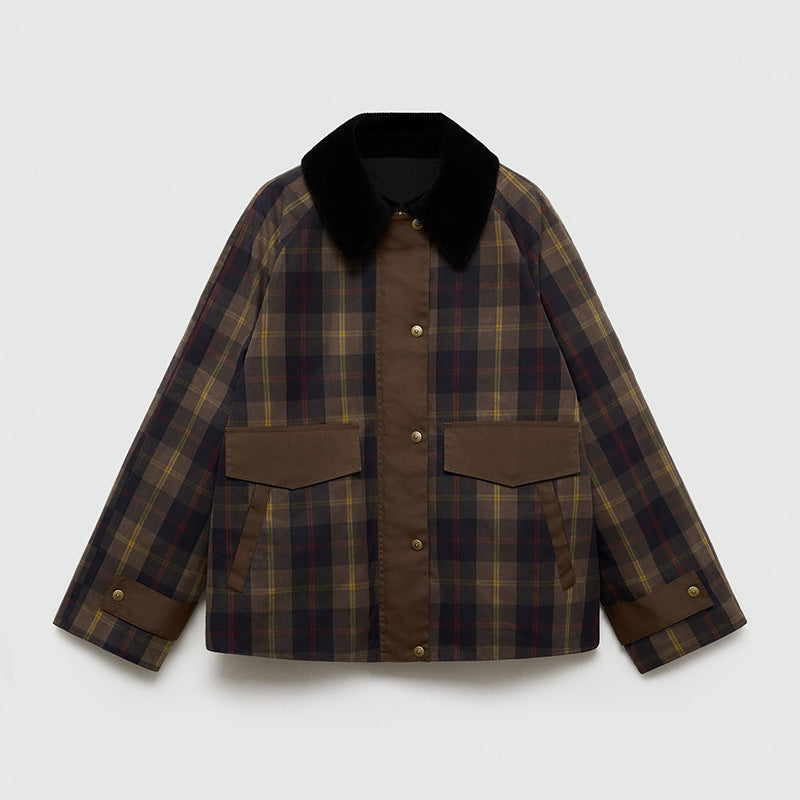 Women's Warm Checked Jacket with Soft Faux Fur Collar and Large Pockets