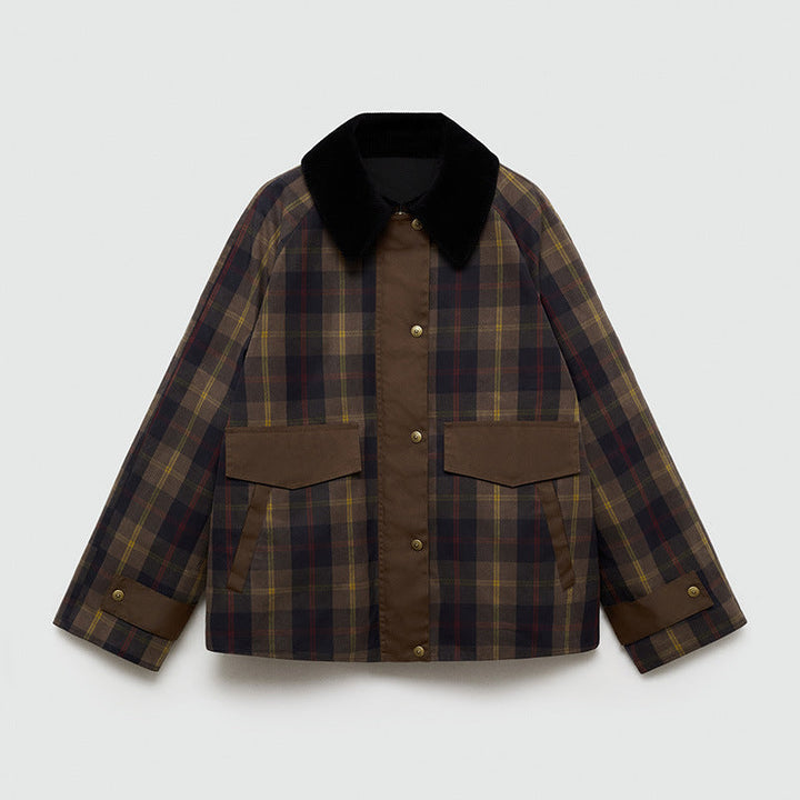 Women's Warm Checked Jacket with Soft Faux Fur Collar and Large Pockets