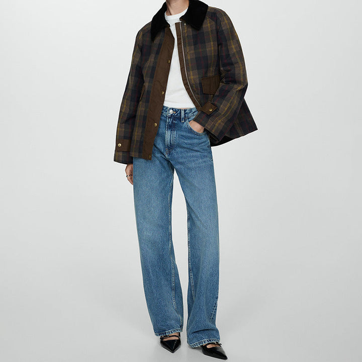 Women's Warm Checked Jacket with Soft Faux Fur Collar and Large Pockets