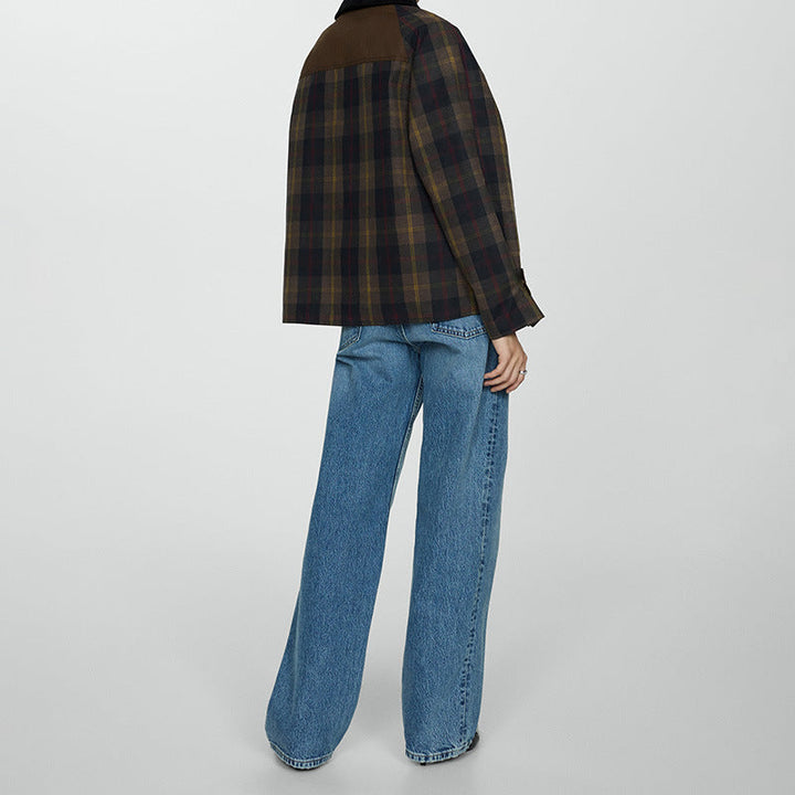 Women's Warm Checked Jacket with Soft Faux Fur Collar and Large Pockets