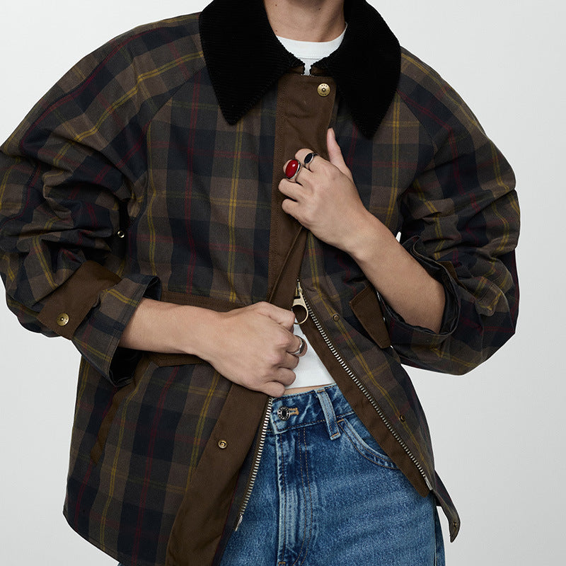 Women's Warm Checked Jacket with Soft Faux Fur Collar and Large Pockets