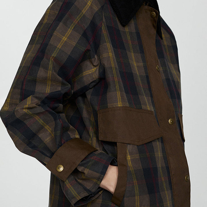 Women's Warm Checked Jacket with Soft Faux Fur Collar and Large Pockets