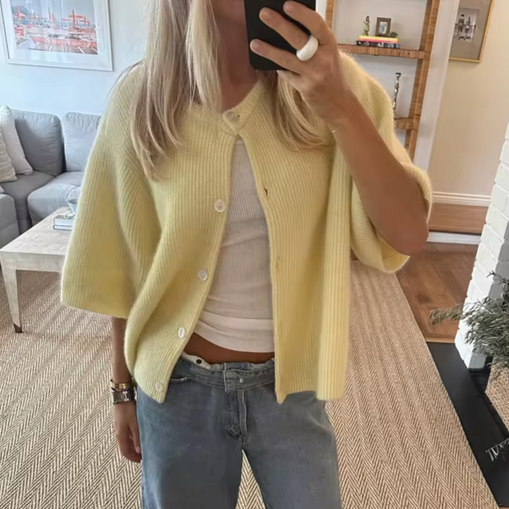Women's Soft Knitted Jacket with Short Sleeves and Buttons