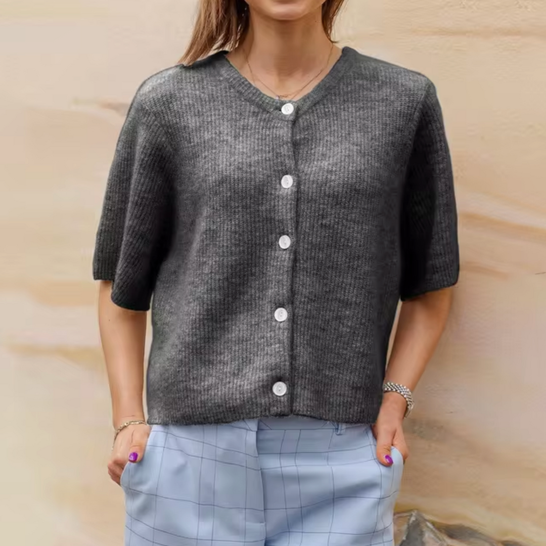 Women's Soft Knitted Jacket with Short Sleeves and Buttons