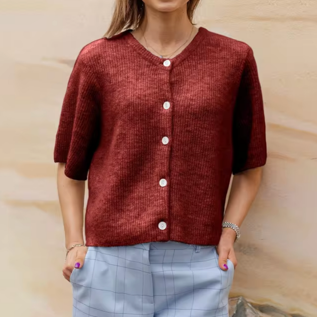 Women's Soft Knitted Jacket with Short Sleeves and Buttons