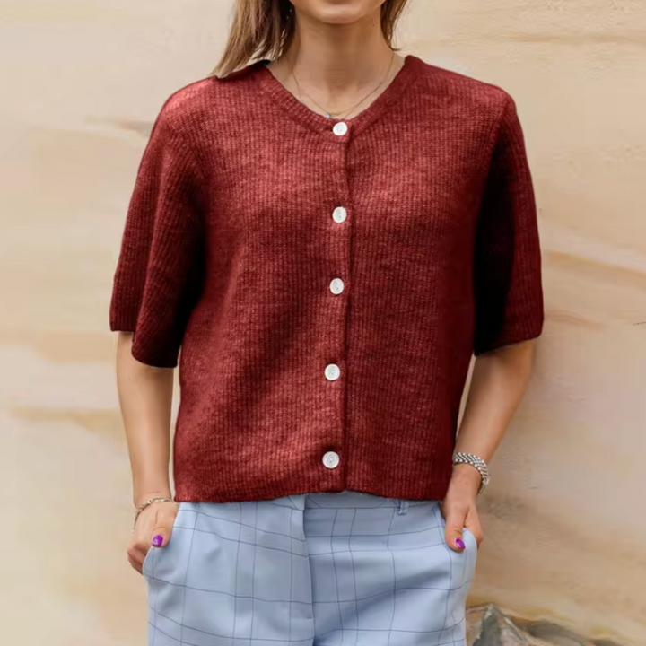 Women's Soft Knitted Jacket with Short Sleeves and Buttons