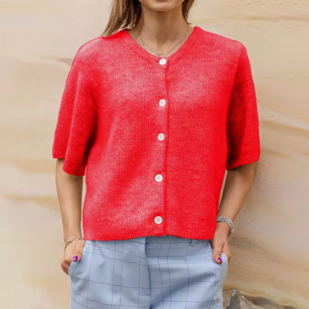 Women's Soft Knitted Jacket with Short Sleeves and Buttons