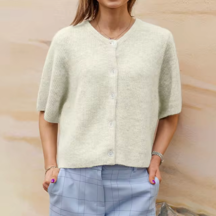 Women's Soft Knitted Jacket with Short Sleeves and Buttons