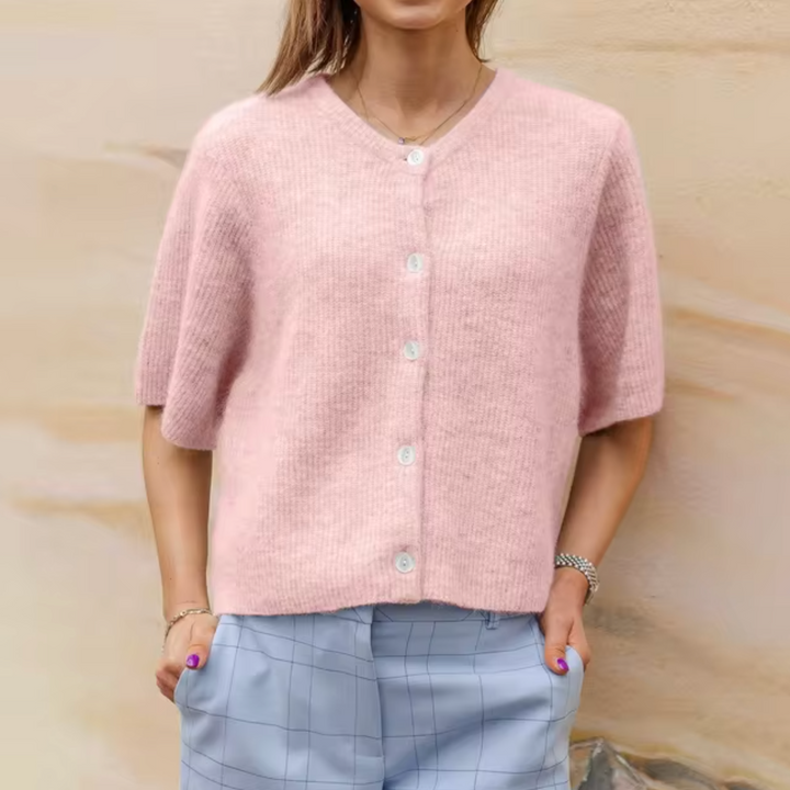 Women's Soft Knitted Jacket with Short Sleeves and Buttons