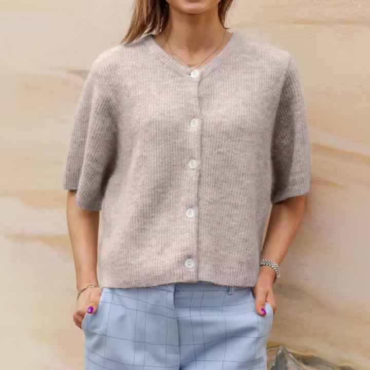 Women's Soft Knitted Jacket with Short Sleeves and Buttons