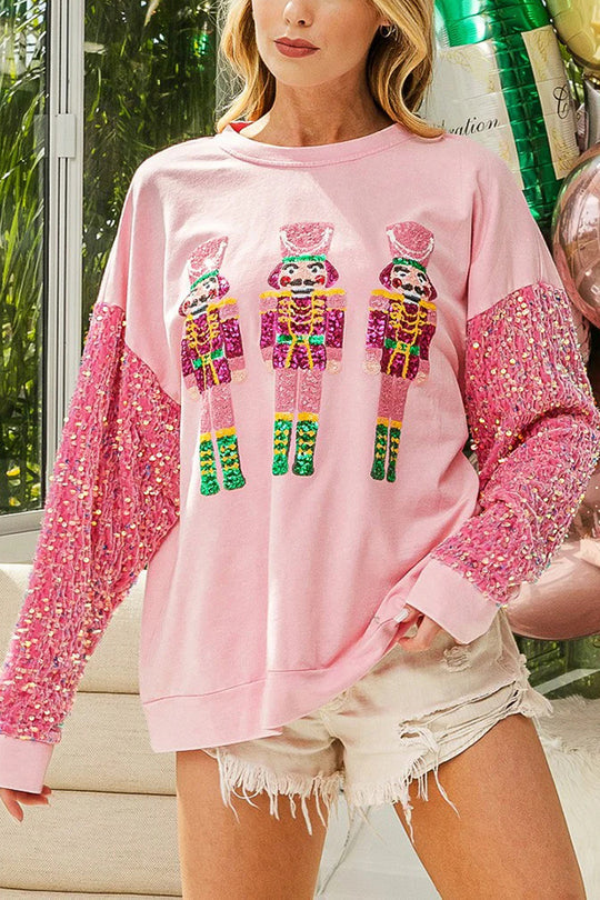 Christmas Casual Loose Round Neck Sequin Sleeve Sweatshirt
