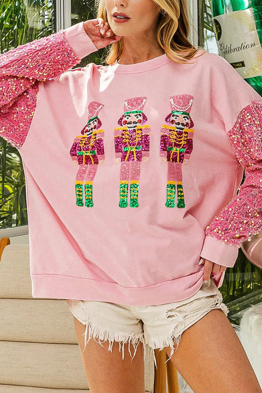 Christmas Casual Loose Round Neck Sequin Sleeve Sweatshirt