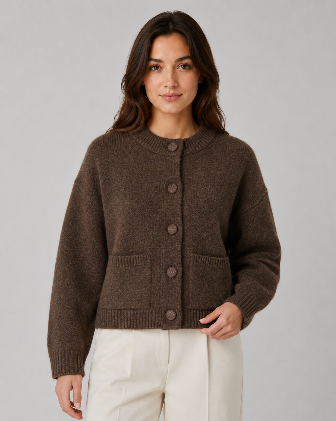 Women's Cropped Chunky Knit Cardigan with Patch Pockets