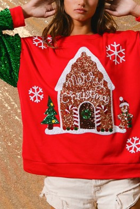 Christmas Casual Loose Round Neck Sequin Sleeve Sweatshirt
