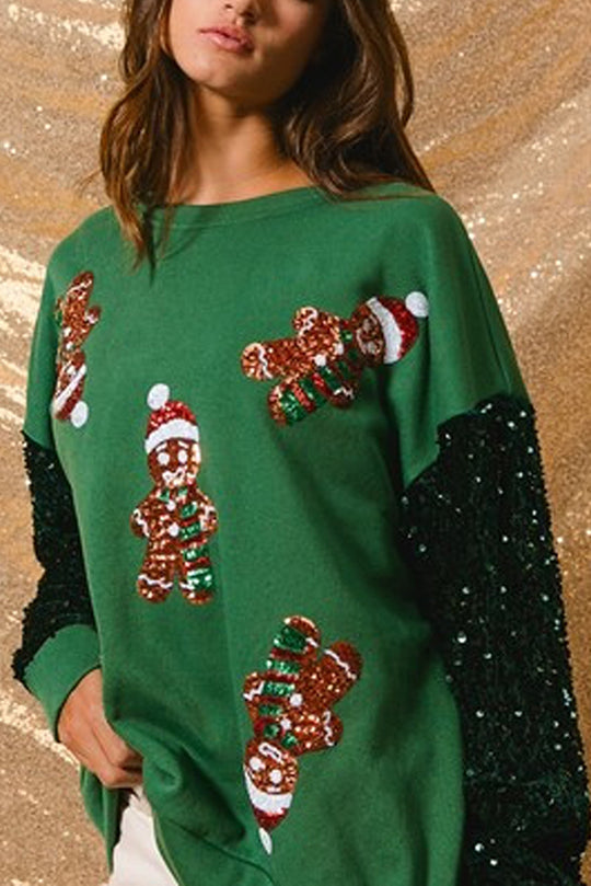 Christmas Casual Loose Round Neck Sequin Sleeve Sweatshirt