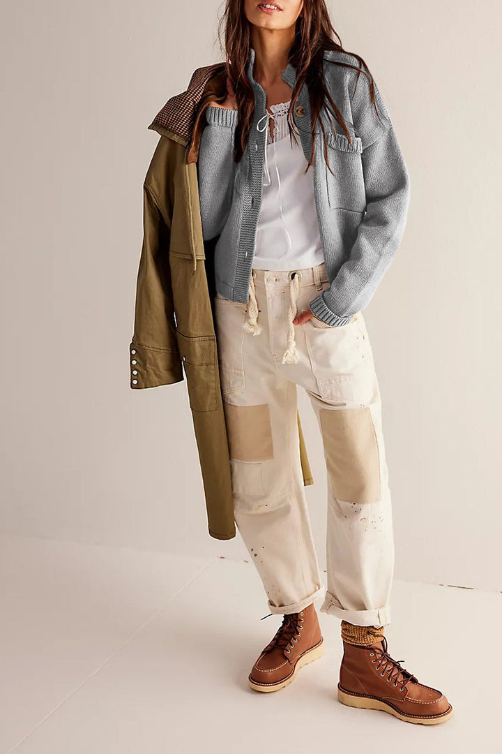 Jacket Stand Collar Solid Color Cardigan Pullover