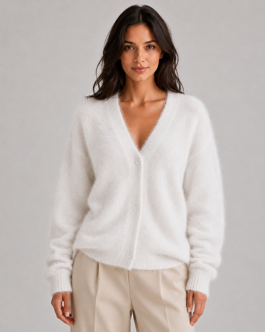 Women's Fluffy V-Neck Cardigan with Button Front
