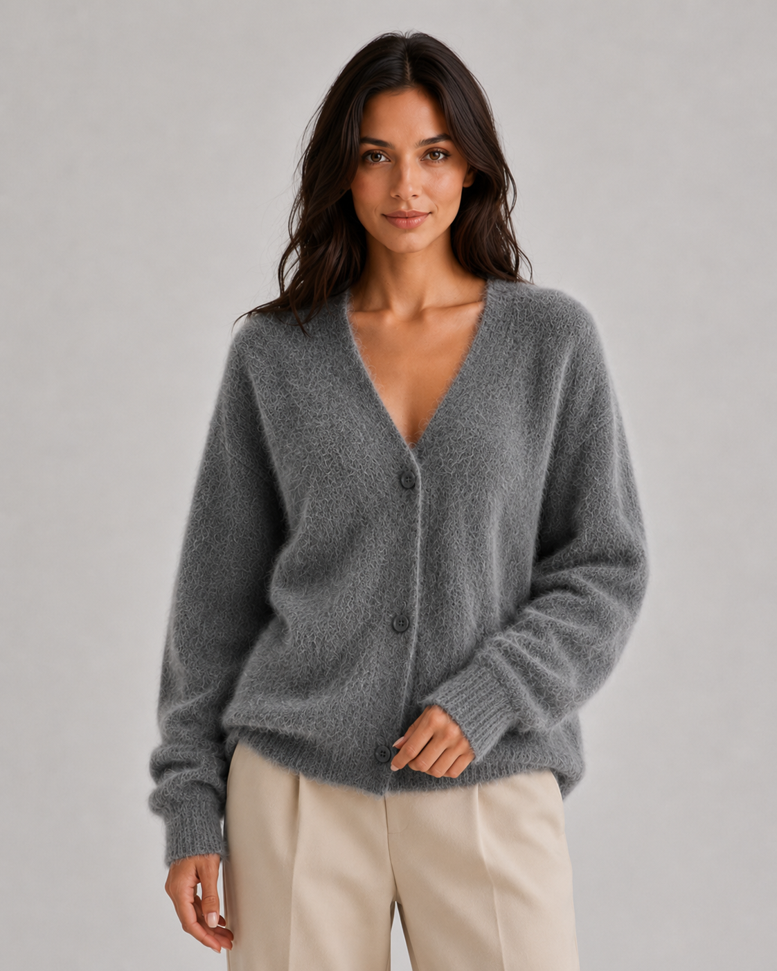 Women's Fluffy V-Neck Cardigan with Button Front