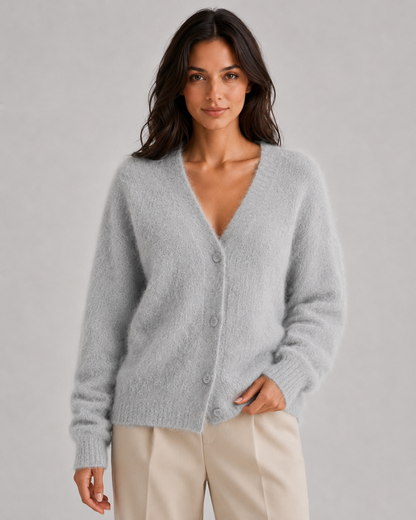 Women's Fluffy V-Neck Cardigan with Button Front