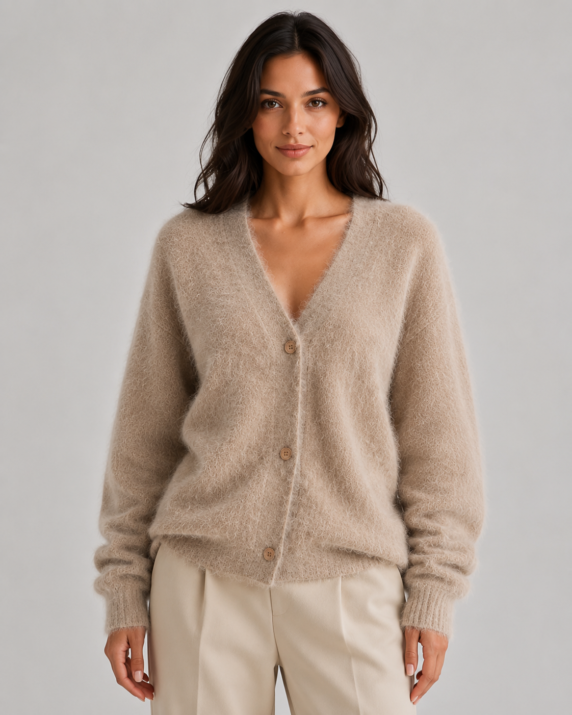 Women's Fluffy V-Neck Cardigan with Button Front