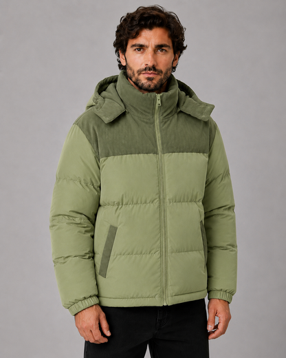 Men's Colour Block Hooded Puffer Jacket with Corduroy Panels