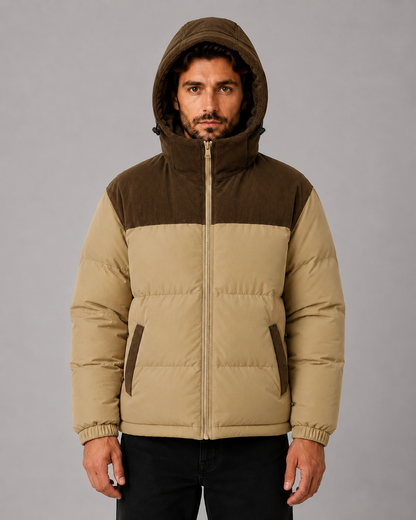 Men's Colour Block Hooded Puffer Jacket with Corduroy Panels