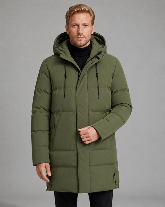 Men's Longline Hooded Puffer Coat Padded Mid-Length