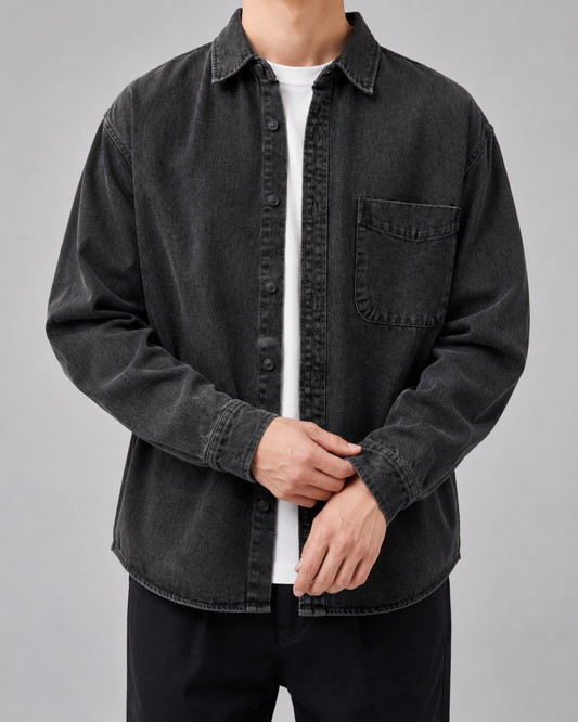 Men's Washed Denim Overshirt - Relaxed Fit Cotton Shirt Jacket
