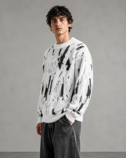 Men's Abstract Knit Sweater - Fuzzy Texture Relaxed Fit