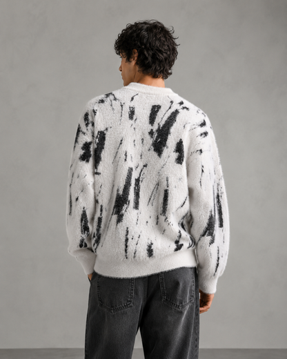 Men's Abstract Knit Sweater - Fuzzy Texture Relaxed Fit