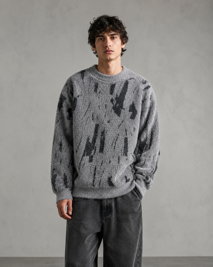 Men's Abstract Knit Sweater - Fuzzy Texture Relaxed Fit