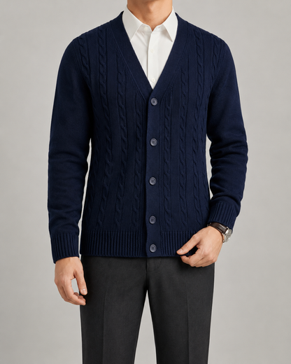 Men's Cable Knit Cardigan - V-Neck Button Front