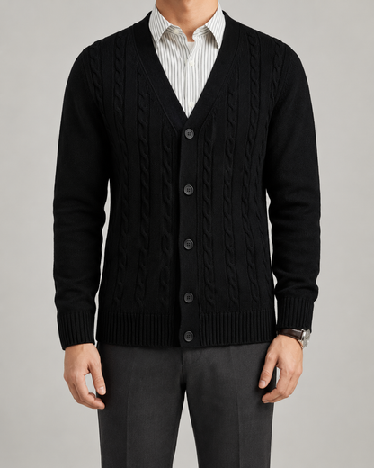 Men's Cable Knit Cardigan - V-Neck Button Front