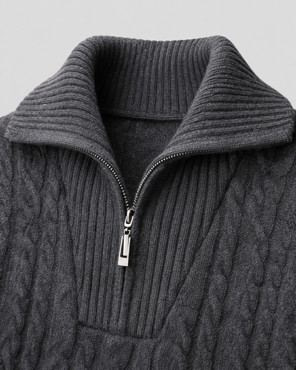 Men's Cable Knit Quarter Zip Sweater - Striped Ribbed Collar