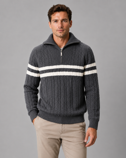 Men's Cable Knit Quarter Zip Sweater - Striped Ribbed Collar