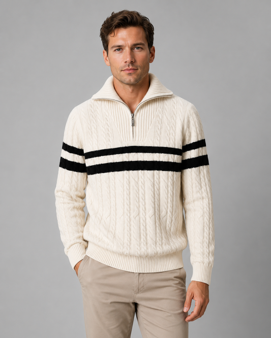 Men's Cable Knit Quarter Zip Sweater - Striped Ribbed Collar