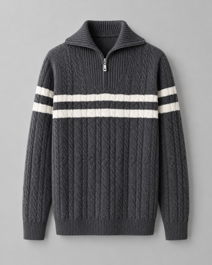 Men's Cable Knit Quarter Zip Sweater - Striped Ribbed Collar
