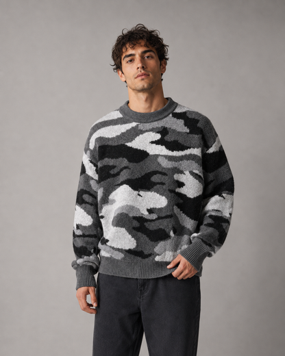 Men's Camo Knit Sweater - Relaxed Crew Neck Streetwear Fit