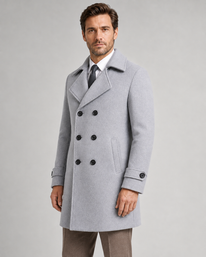 Men's Double-Breasted Long Overcoat - Wide Lapel Tailored Fit