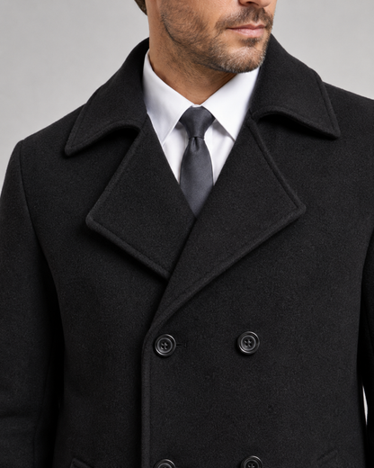Men's Double-Breasted Long Overcoat - Wide Lapel Tailored Fit