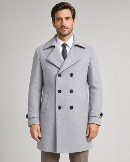 Men's Double-Breasted Long Overcoat - Wide Lapel Tailored Fit