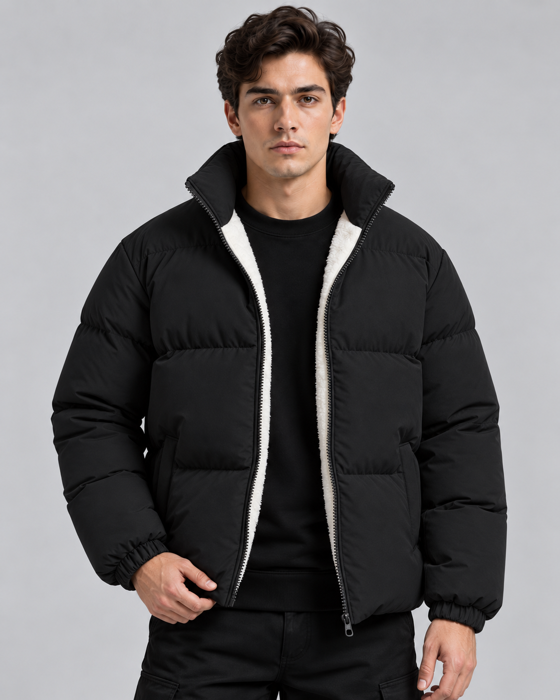 Men's Fleece-Lined Puffer Jacket - High Collar Zip Front