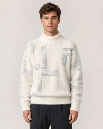 Men's Fluffy Knit Sweater - Geometric Funnel Neck Relaxed Fit