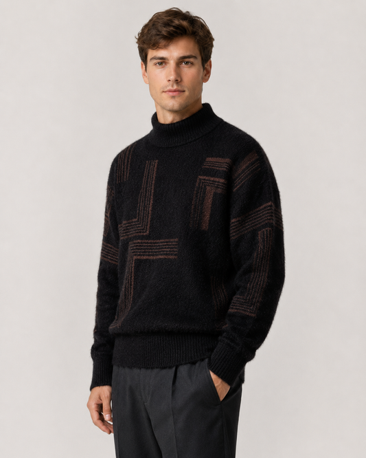 Men's Fluffy Knit Sweater - Geometric Funnel Neck Relaxed Fit