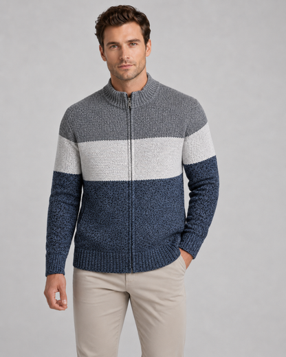 Men's Full Zip Knitted Cardigan - Colour Block Ribbed Stand Collar