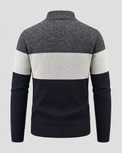 Men's Full Zip Knitted Cardigan - Colour Block Ribbed Stand Collar