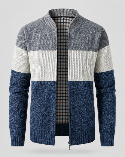 Men's Full Zip Knitted Cardigan - Colour Block Ribbed Stand Collar