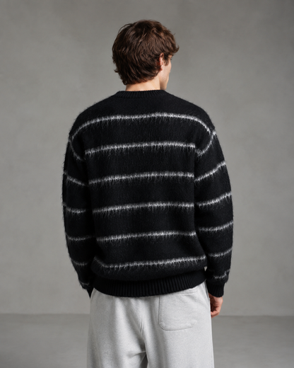 Men's Fuzzy Striped Knit Sweater - Relaxed Boxy Streetwear Fit