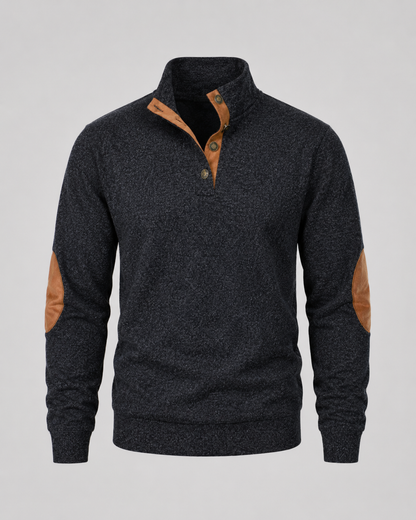 Men's Heathered Button Neck Sweater - Stand Collar Elbow Patches